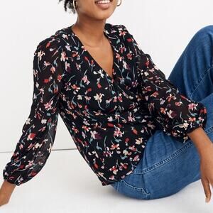 Madewell Shirred Sheer Bracelet Sleeve V Neck Top Black Red Floral Lined XS
